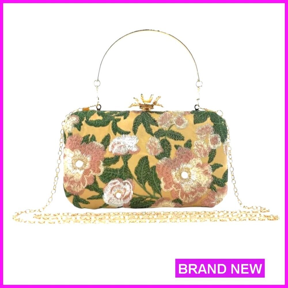 Vintage Embroidered Clutch Evening Bag Pearl Chain Shoulder Purse Elegant Formal